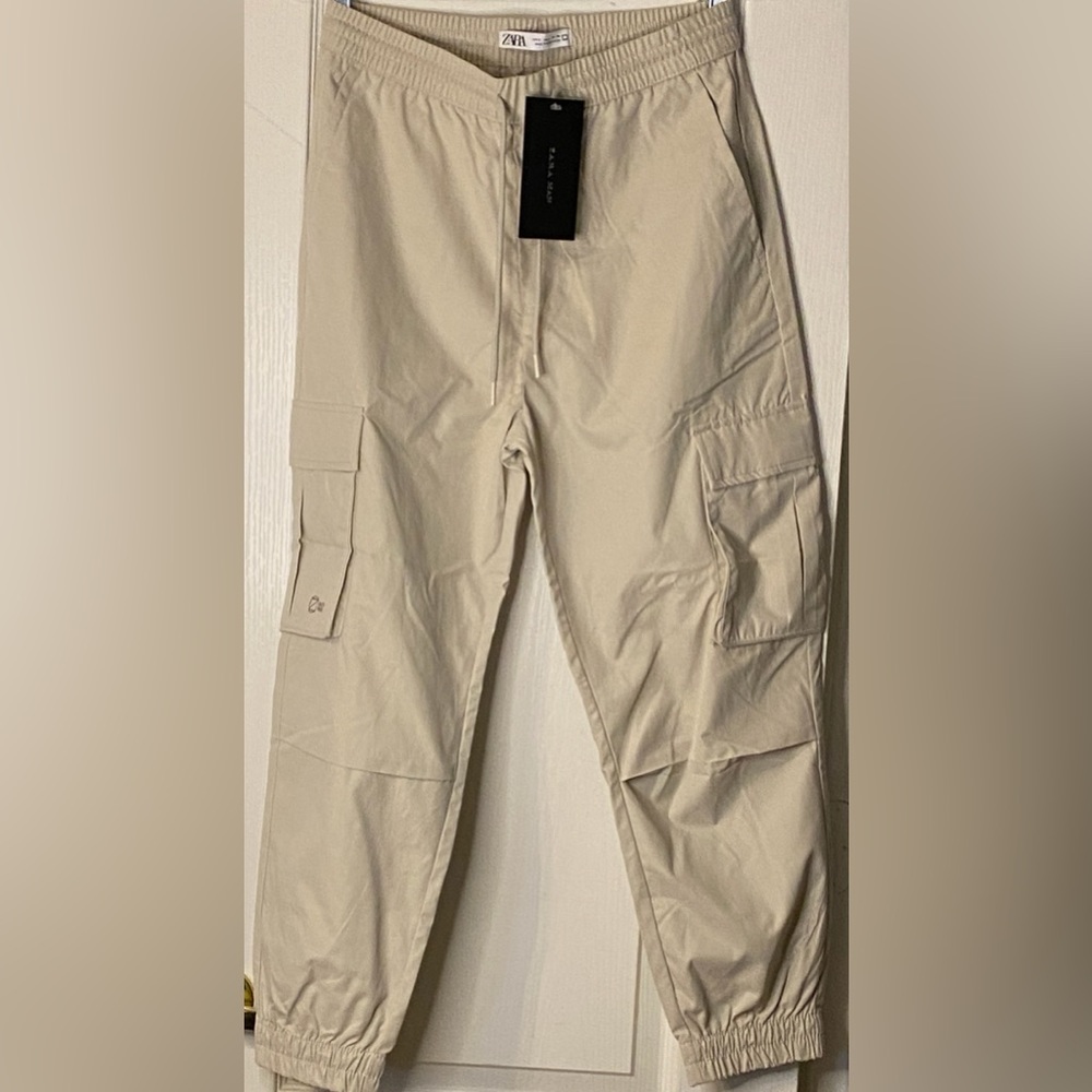 Zara Man light khaki cropped rustic trousers pants
